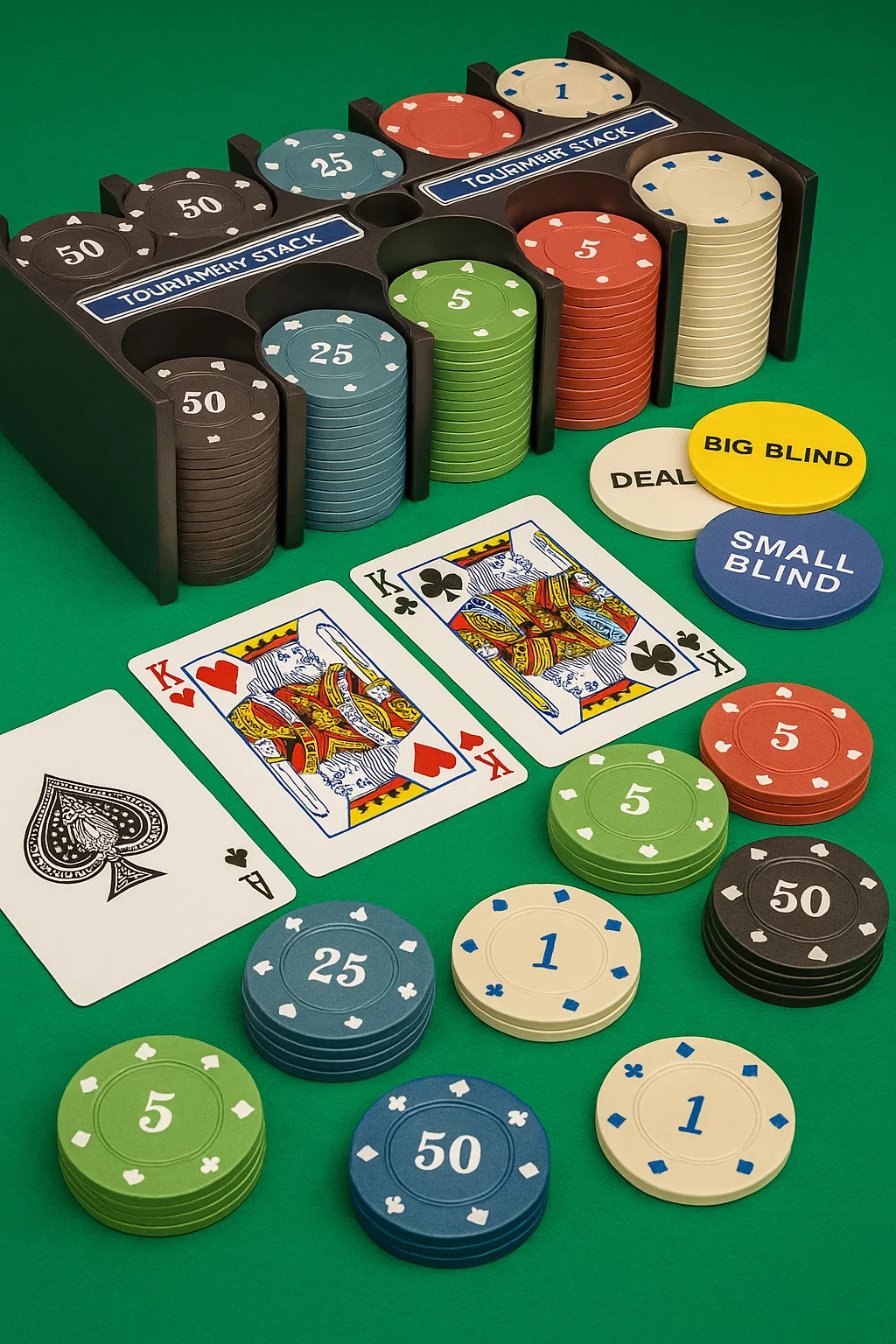 Juego de cartas en mesa de casa con fichas y baraja, estilo casino doméstico