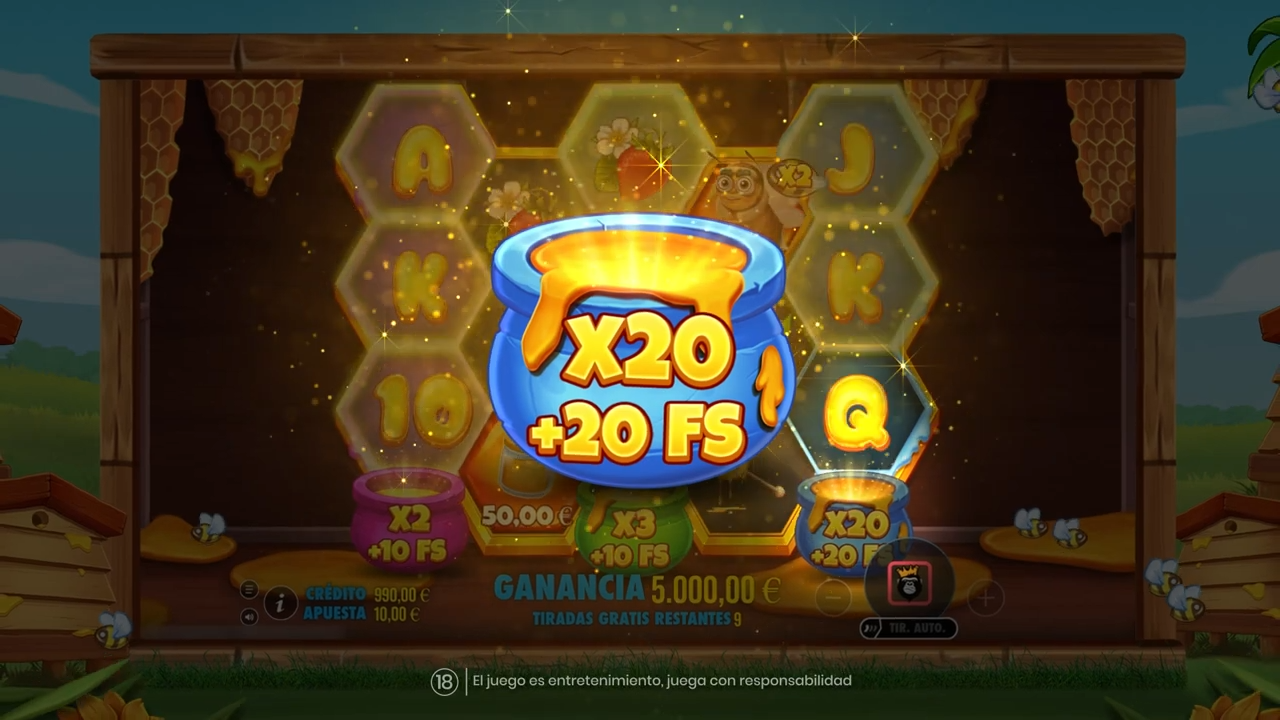 Bee Keeper giros gratis mostrando honeypot con x20 multiplicador y +20 FS Función de giros gratis con multiplicador x20 y honeypots