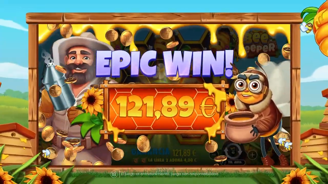 Gran ganancia épica en Bee Keeper mostrando al apicultor y abeja celebrando Pantalla de EPIC WIN en Bee Keeper con 121.89€