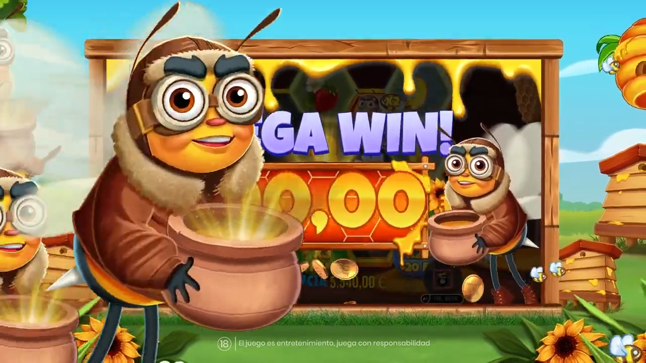 Pantalla de MEGA WIN mostrando ganancia masiva con abeja protagonista MEGA WIN en Bee Keeper durante giros gratis
