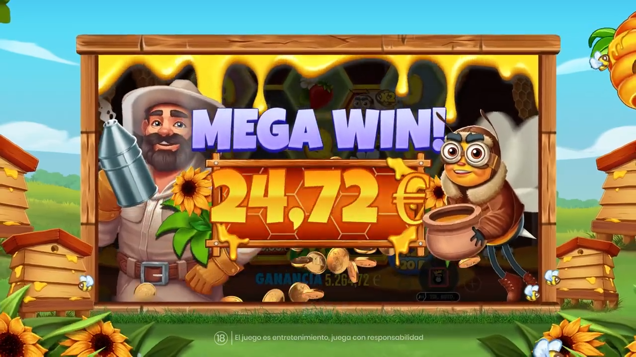 Pantalla de MEGA WIN durante los giros gratis mostrando gran ganancia con multiplicadores MEGA WIN de 2472€ en giros gratis de Bee Keeper