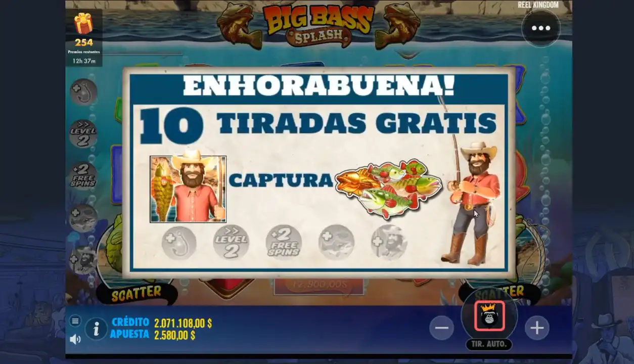 Big Bass Splash - Pantalla de inicio de 10 tiradas gratis con pescador Wild y captura de peces