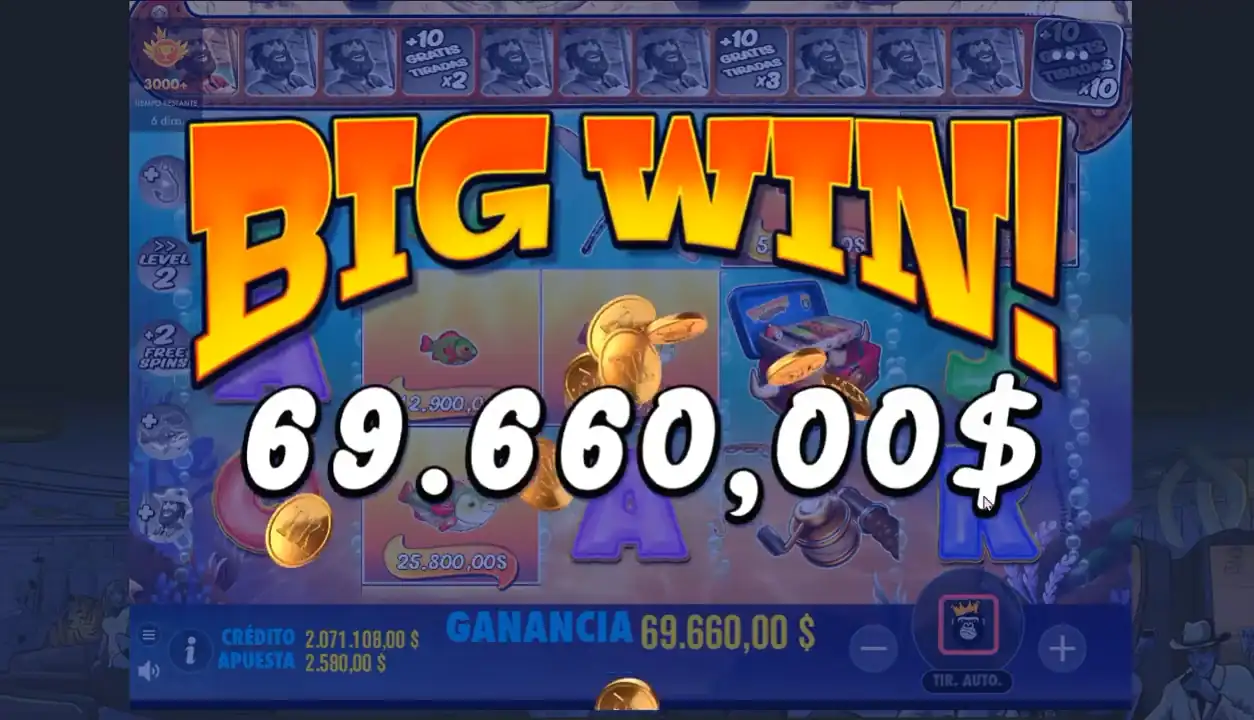 BIG WIN Big Bass Splash - Pantalla de victoria mostrando ganancia de 69.660 pesos en free spins