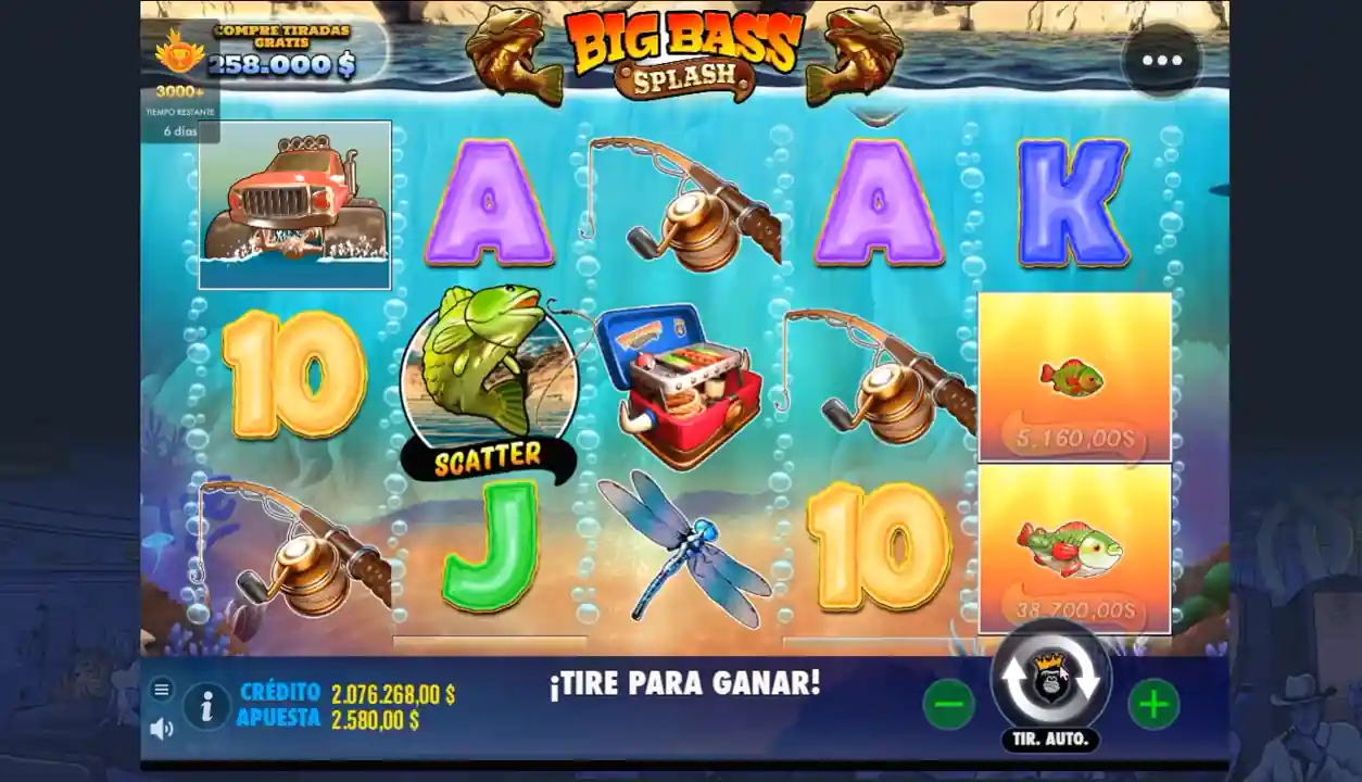 Big Bass Splash tragamonedas - Vista de los rodillos con símbolos scatter, peces de efectivo y monster truck