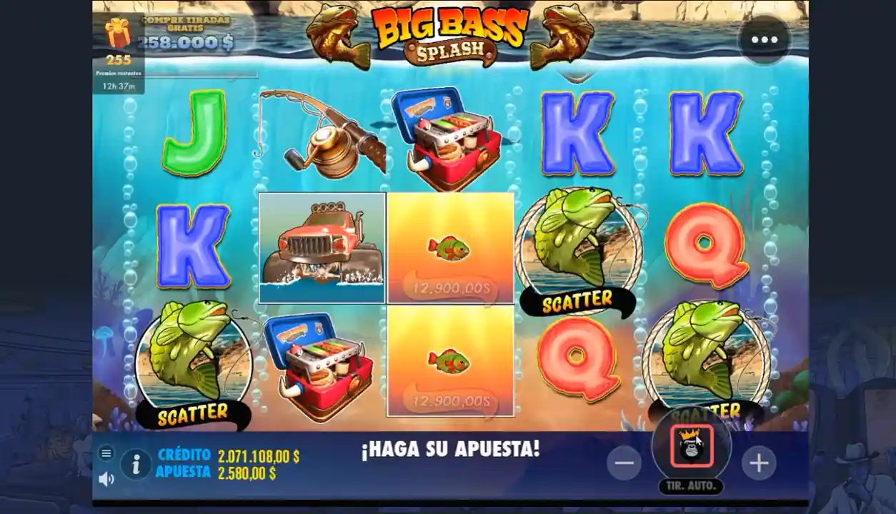 Big Bass Splash slot online - Pantalla de juego con múltiples scatters y mensaje haga su apuesta