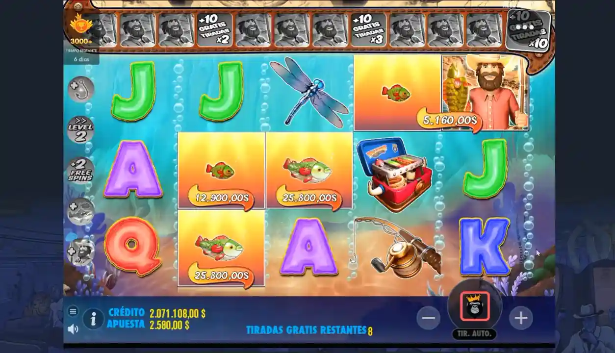 Bonus de Big Bass Splash - Free spins activos con pescador Wild recolectando múltiples peces de efectivo