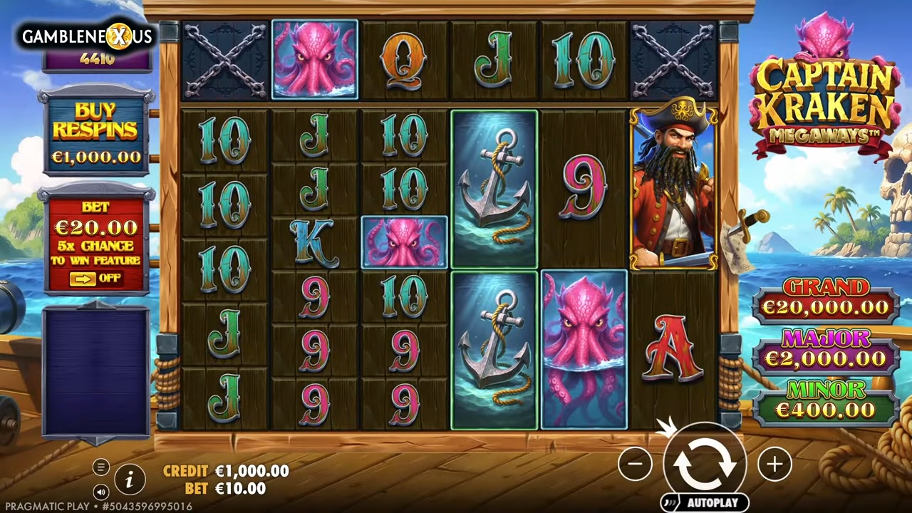 Captain Kraken Megaways tablero completo con todos los símbolos y carretes