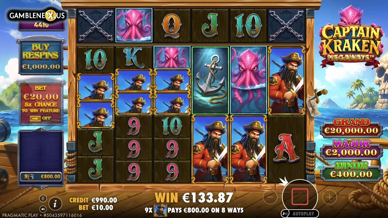 Captain Kraken Megaways durante respins con símbolos del capitán bloqueados