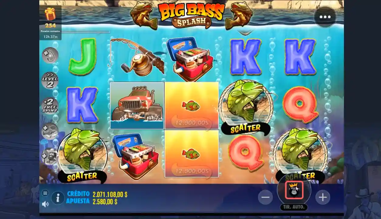 Casino Big Bass Splash online - Interfaz completa del juego con créditos, apuesta y botones de control