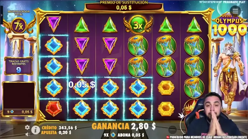 Interfaz completa del juego Gates of Olympus mostrando símbolos y multiplicadores Interfaz de Gates of Olympus - cómo jugar