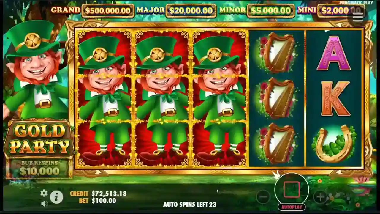 Gold Party Copy Reels feature con el símbolo Leprechaun copiado en múltiples carretes para ganar hasta 100x