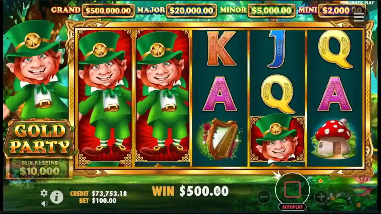 Gold Party victoria de $500 con 3 leprechauns en los carretes 1, 2 y 3