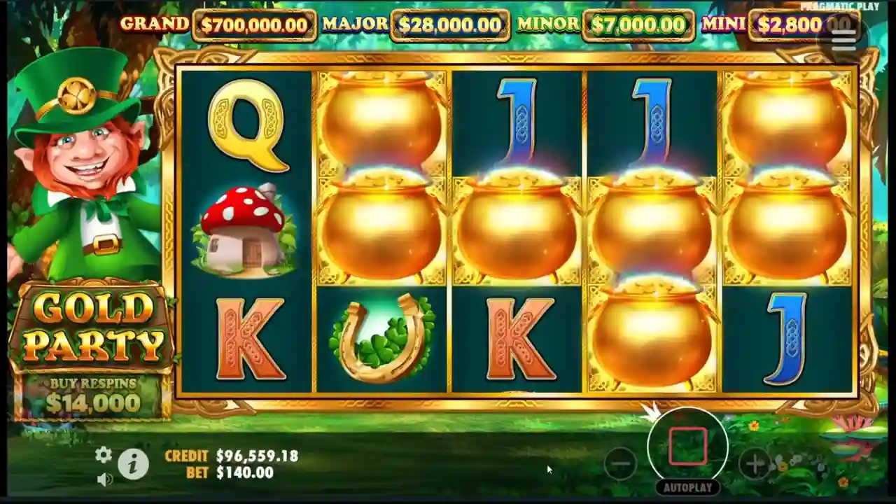 Tragamonedas Gold Party con múltiples Money symbols ollas de oro en los carretes activando el Money Respin