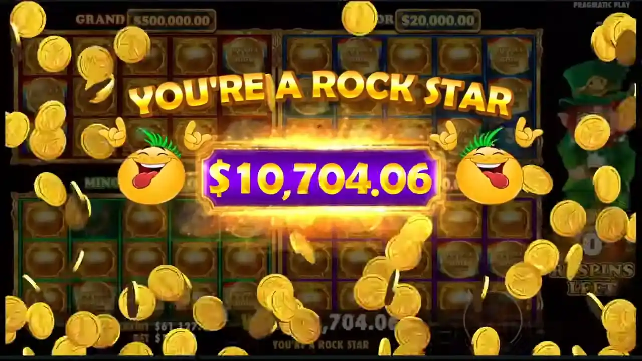 Gold Party online casino gran victoria de $10,704 con animación You're a Rock Star y monedas de oro cayendo