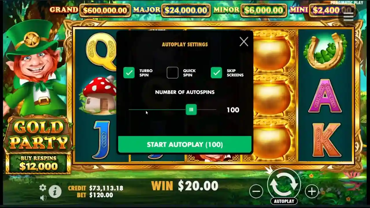 Gold Party Pragmatic Play configuración de Autoplay mostrando opciones de Turbo Spin y número de autospins