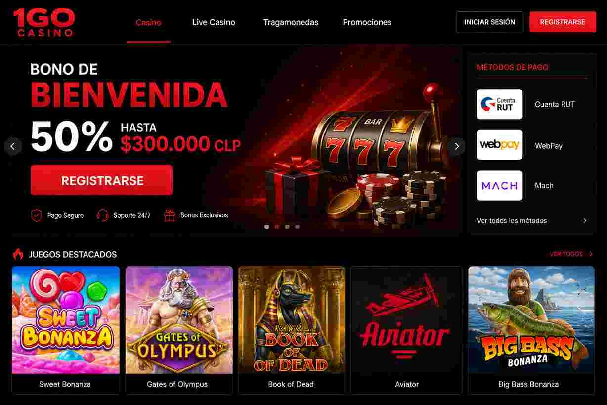 Captura del lobby de 1Go Casino con bono de bienvenida 50% hasta $300.000 CLP y m&eacute;todos de pago Cuenta RUT, WebPay, Mach