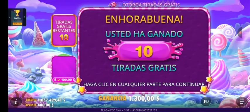 Pantalla de activación de 10 tiradas gratis en Sweet Bonanza 1000