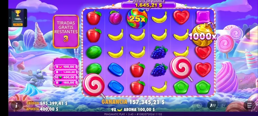 Vista completa de Sweet Bonanza 1000 con multiplicadores x25 y x1000 visibles