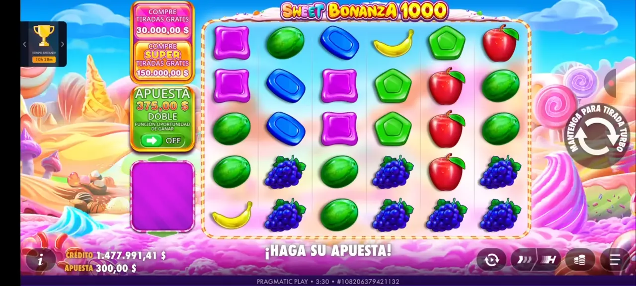 Pantalla inicial de Sweet Bonanza 1000 con tablero 6x5 y frutas coloridas