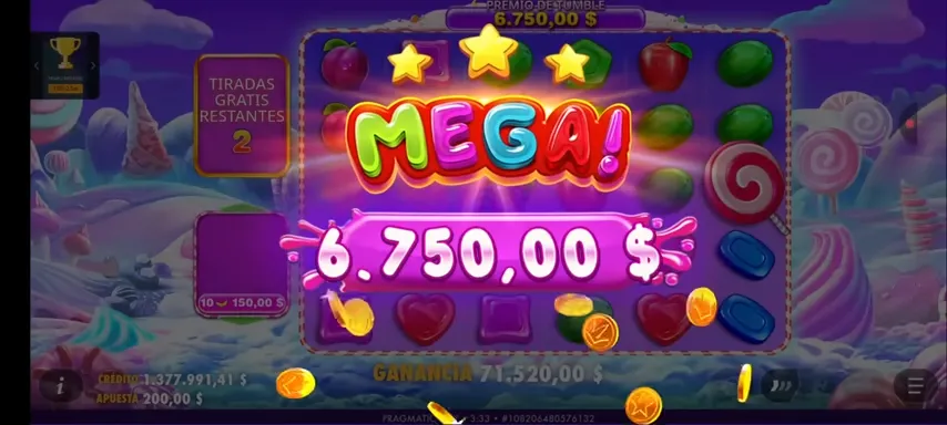 Pantalla de Mega Win mostrando premio de 6.750.000