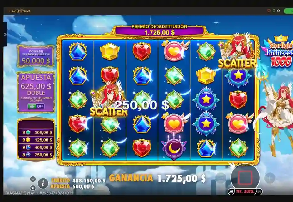 Demo Starlight Princess 1000 mostrando cascada de ganancias y multiplicadores