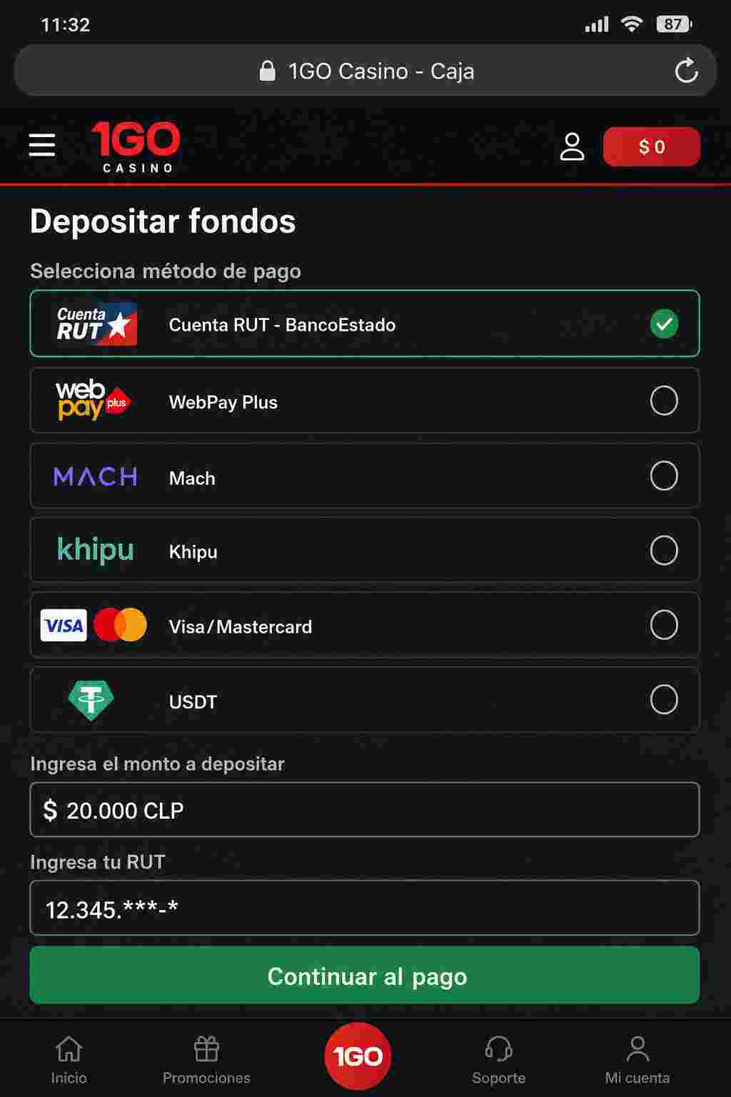 Captura paso 1: pantalla de caja en 1Go Casino con Cuenta RUT seleccionada como m&eacute;todo de pago, monto $20.000 CLP