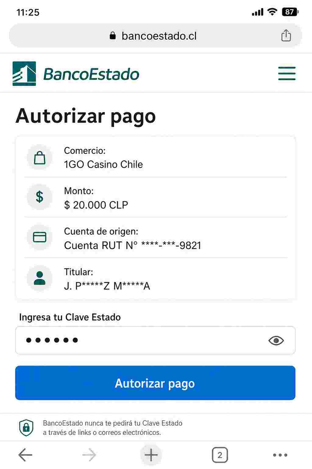 Captura paso 2: pantalla de BancoEstado autorizando pago a 1Go Casino con Clave Estado, monto $20.000 CLP