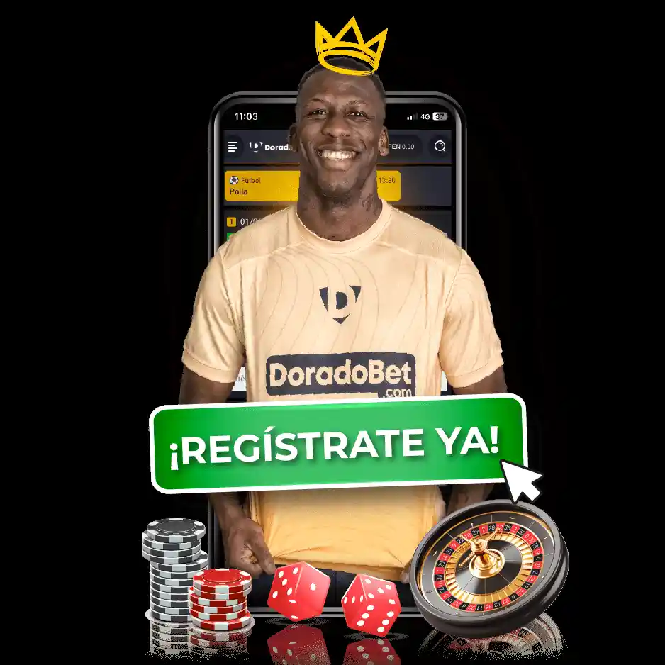 Descargar DoradoBet app - embajador con celular mostrando la aplicaci&oacute;n m&oacute;vil