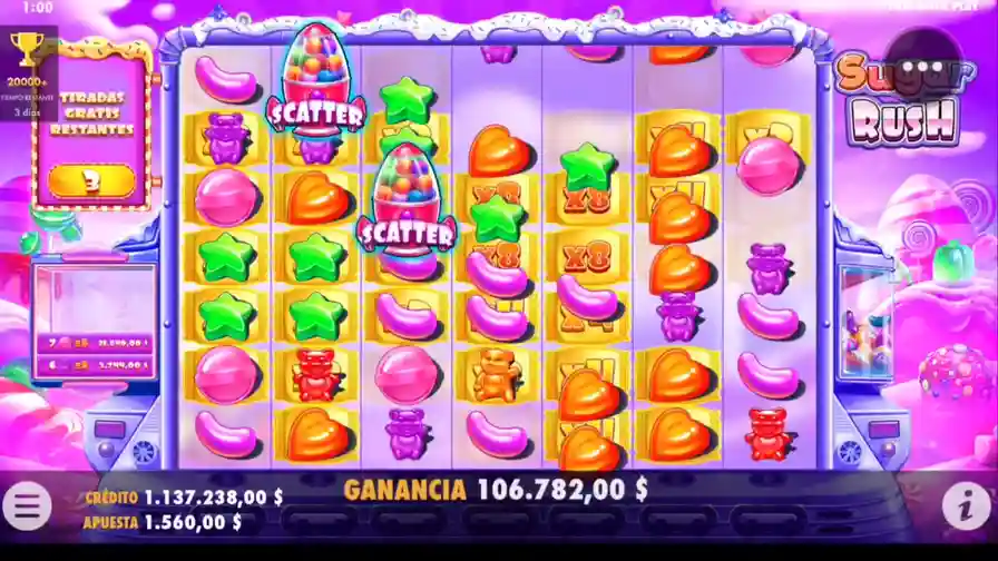 Jugar Sugar Rush 1000 gratis con scatters y ganancia de $106.782