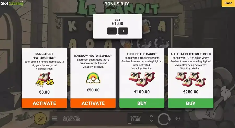 Men&uacute; Bonus Buy de Le Bandit Hacksaw Gaming - 4 opciones de compra: BonusHunt FeatureSpins (3 EUR), Rainbow FeatureSpins (50 EUR), Luck of the Bandit (100 EUR) y All That Glitters Is Gold (250 EUR)