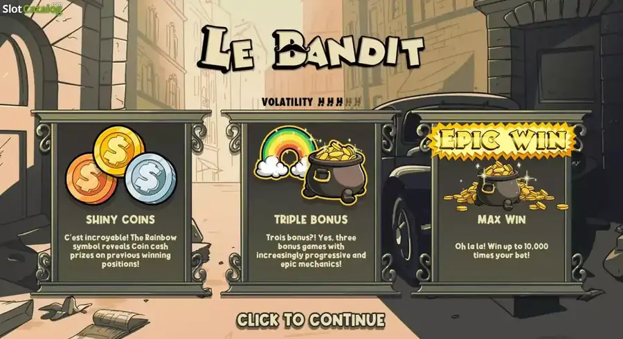 Funciones especiales de Le Bandit Hacksaw Gaming - Rainbow, Golden Squares, Pot of Gold y wild Wanted con el mapache bandido sobre fondo sepia parisino