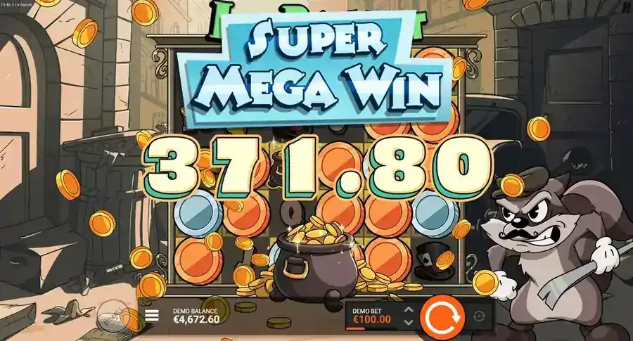 Le Bandit tragamonedas Hacksaw Gaming - pantalla Super Mega Win pagando 371,80 EUR con monedas naranjas y Pot of Gold absorbiendo premios sobre el grid 6x5