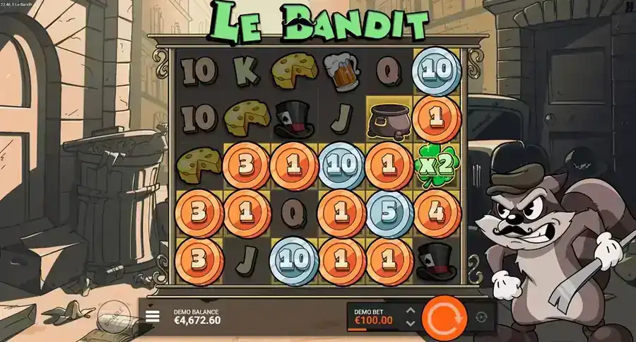 S&iacute;mbolo Pot of Gold de Le Bandit Hacksaw Gaming - olla dorada estilo leprechaun absorbiendo monedas naranjas y plateadas con efecto de brillo sobre el grid sepia