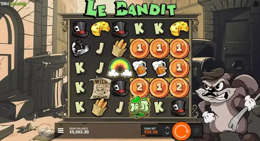 Funci&oacute;n Rainbow en Le Bandit activando Golden Squares - arco iris central con monedas de bronce, plata y cobre, tr&eacute;bol multiplicador x3 y wild Wanted del mapache bandido