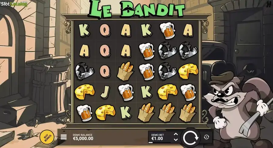 Captura del juego base de Le Bandit Hacksaw Gaming - grid 6x5 con s&iacute;mbolos premium de cervezas, quesos suizos, baguettes francesas, trampas para ratones y cartas reales A K Q J 10