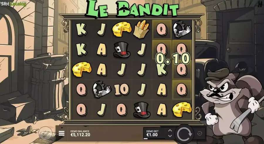 S&iacute;mbolos premium del tragamonedas Le Bandit - sombrero de mago (1x-100x), queso suizo, baguette en bolsa de papel, jarra de cerveza espumosa y trampa para ratones, con sus multiplicadores de pago