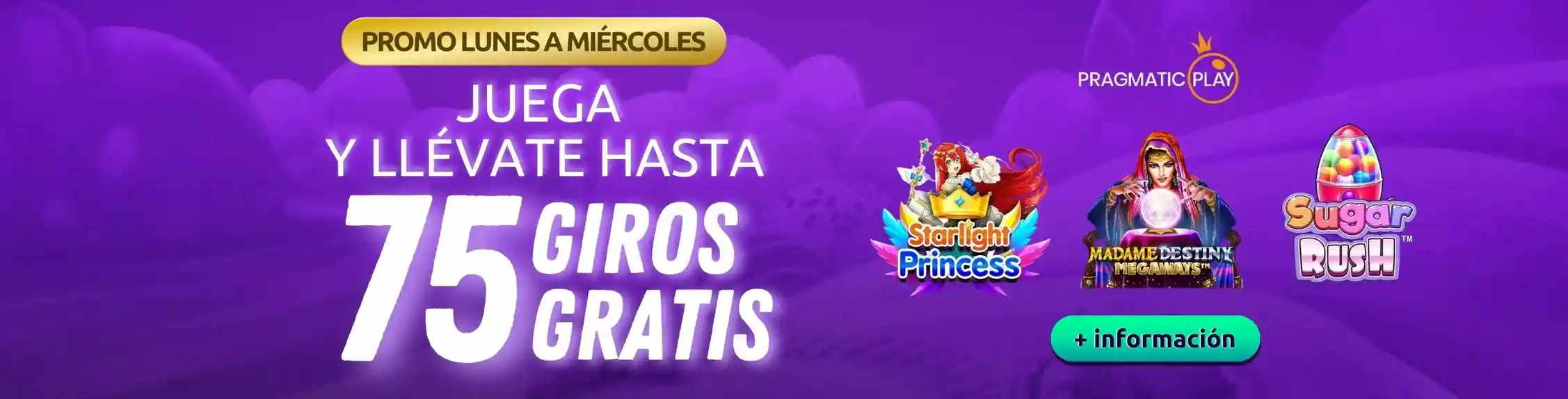 PlaySala giros gratis - promo de lunes a mi&eacute;rcoles con hasta 75 giros gratis en Starlight Princess, Madame Destiny y Sugar Rush