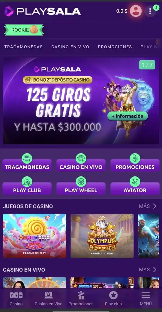 PlaySala Casino juegos de casino - Sugar Rush, Gates of Olympus, tragamonedas populares y casino en vivo