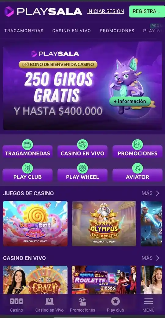 PlaySala Casino Chile - pantalla principal con tragamonedas, casino en vivo, promociones y Play Club