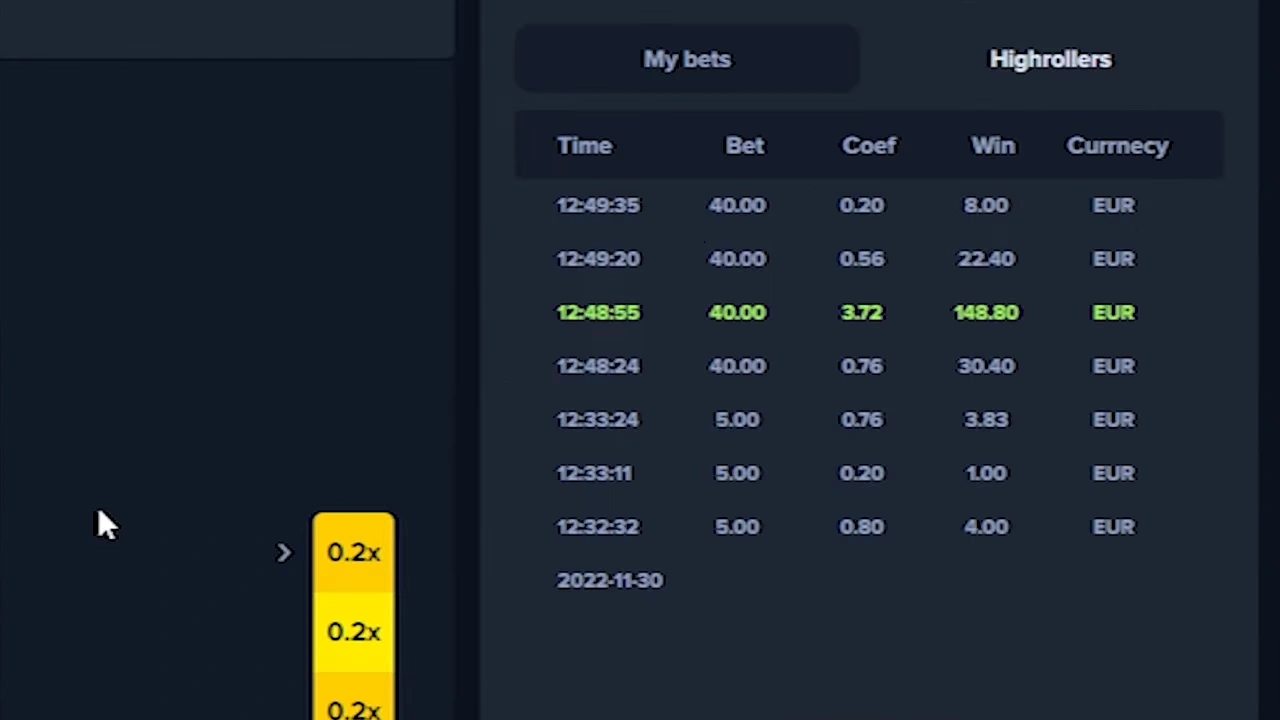 Historial de apuestas Plinko casino mostrando ganancias y coeficientes de multiplicación