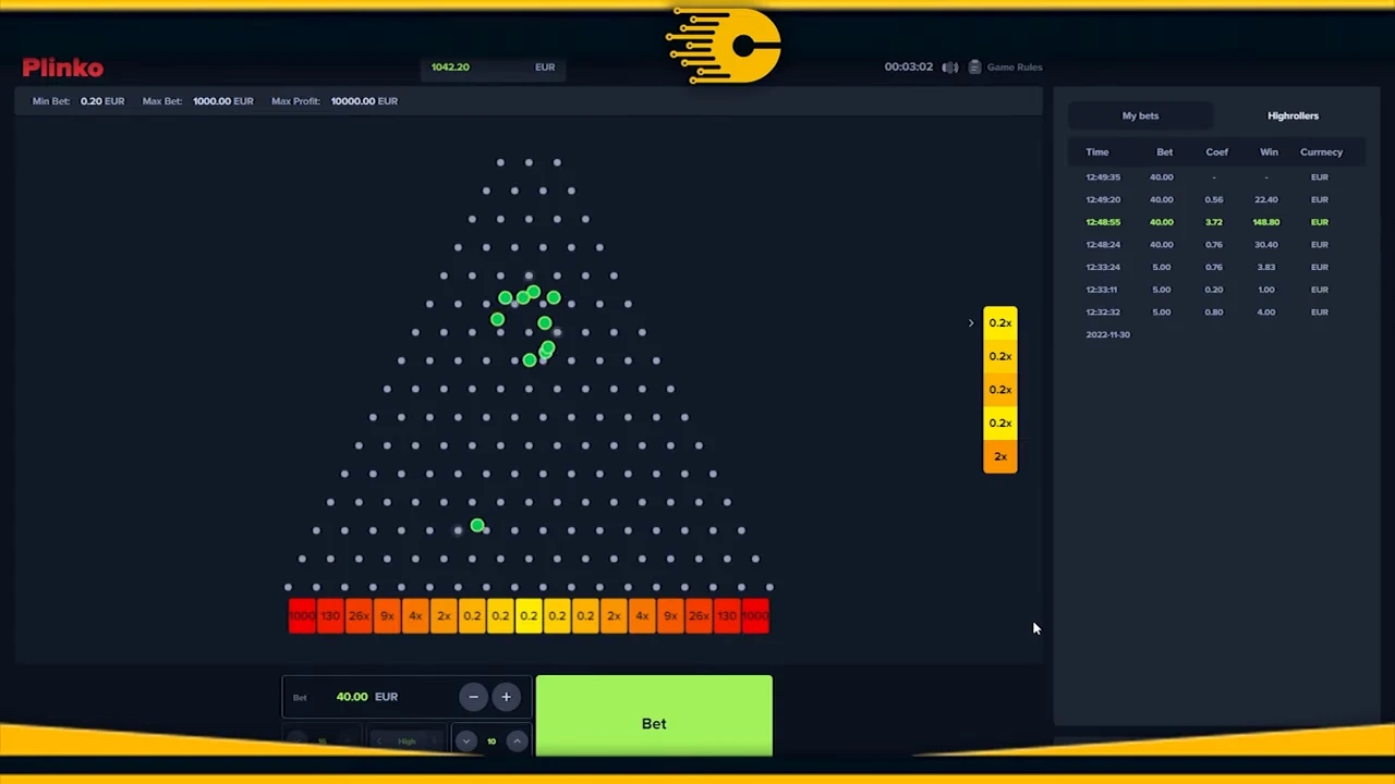Plinko casino Chile con bolas verdes cayendo y tabla de apuestas en EUR mostrando ganancias