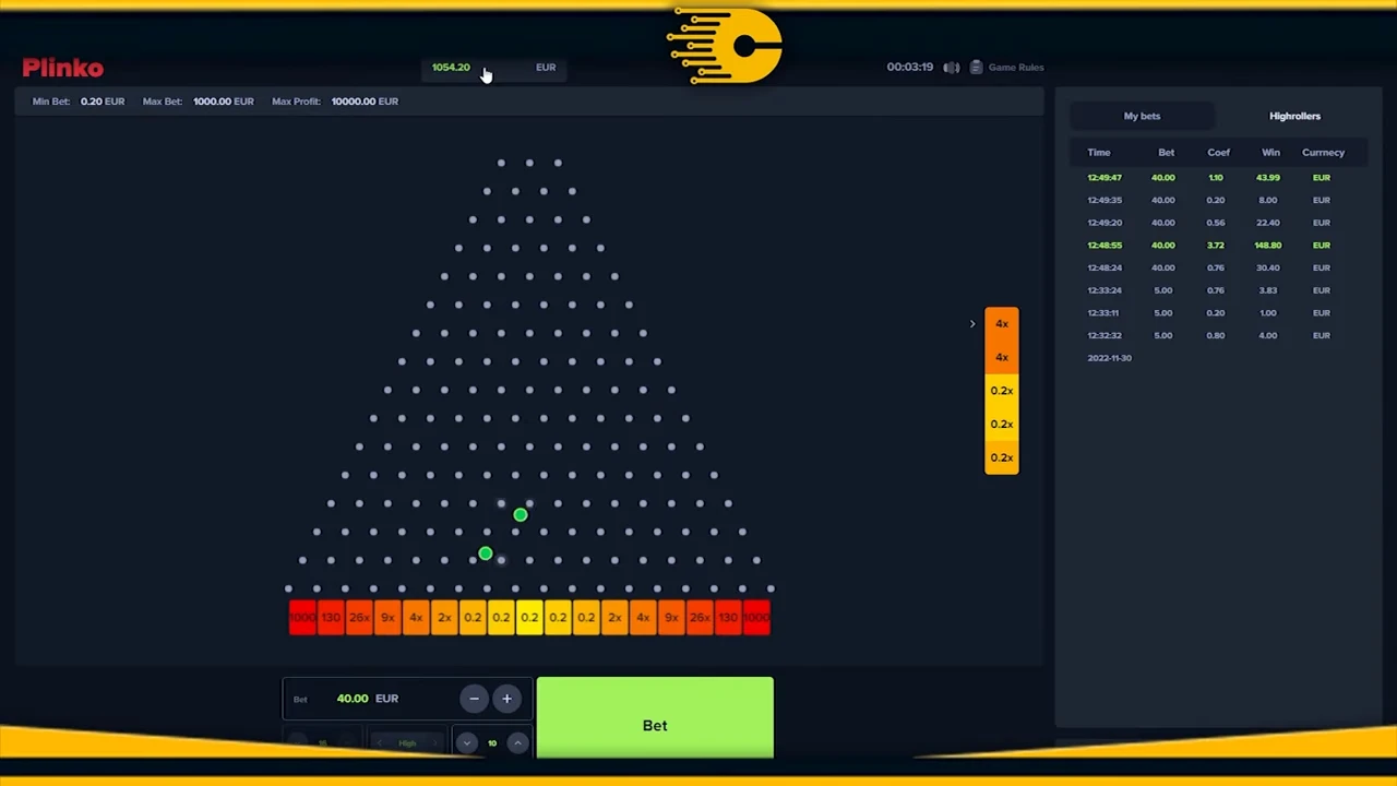 Plinko es real - interfaz de juego mostrando ganancias reales en EUR con multiplicador 4x