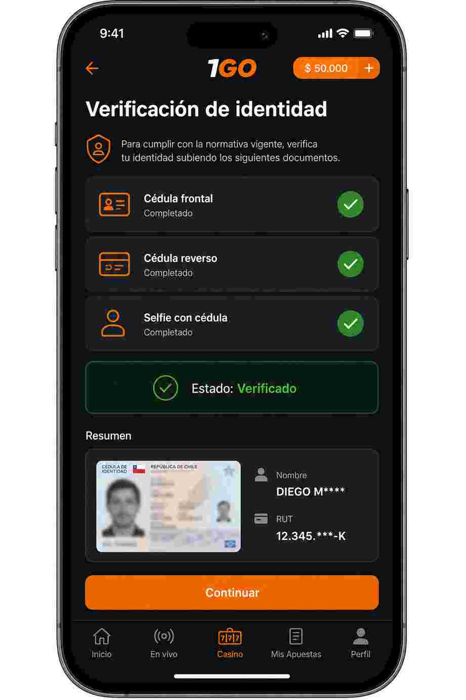 Captura paso 1 retiro: verificaci&oacute;n KYC completada en 1Go Casino con c&eacute;dula chilena verificada