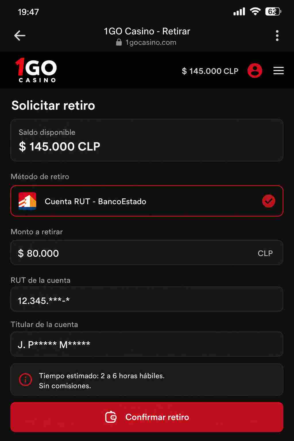 Captura paso 2 retiro: pantalla de retiro en 1Go Casino con Cuenta RUT seleccionada y monto $80.000 CLP
