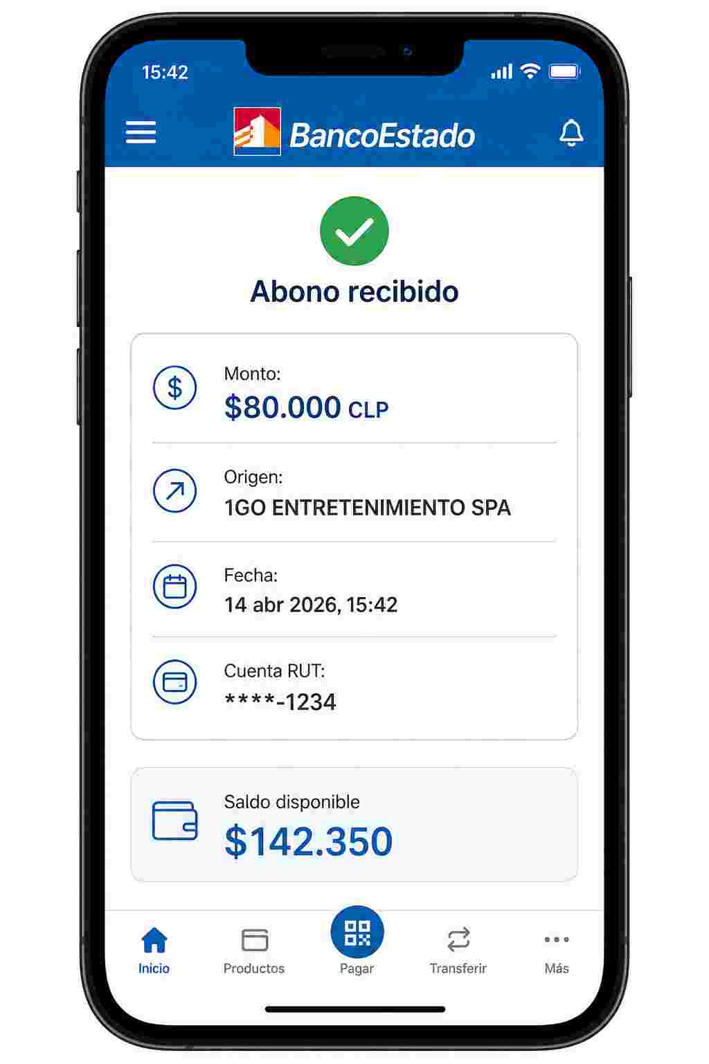 Captura paso 4 retiro: notificaci&oacute;n de BancoEstado con abono de $80.000 CLP recibido desde 1Go Casino
