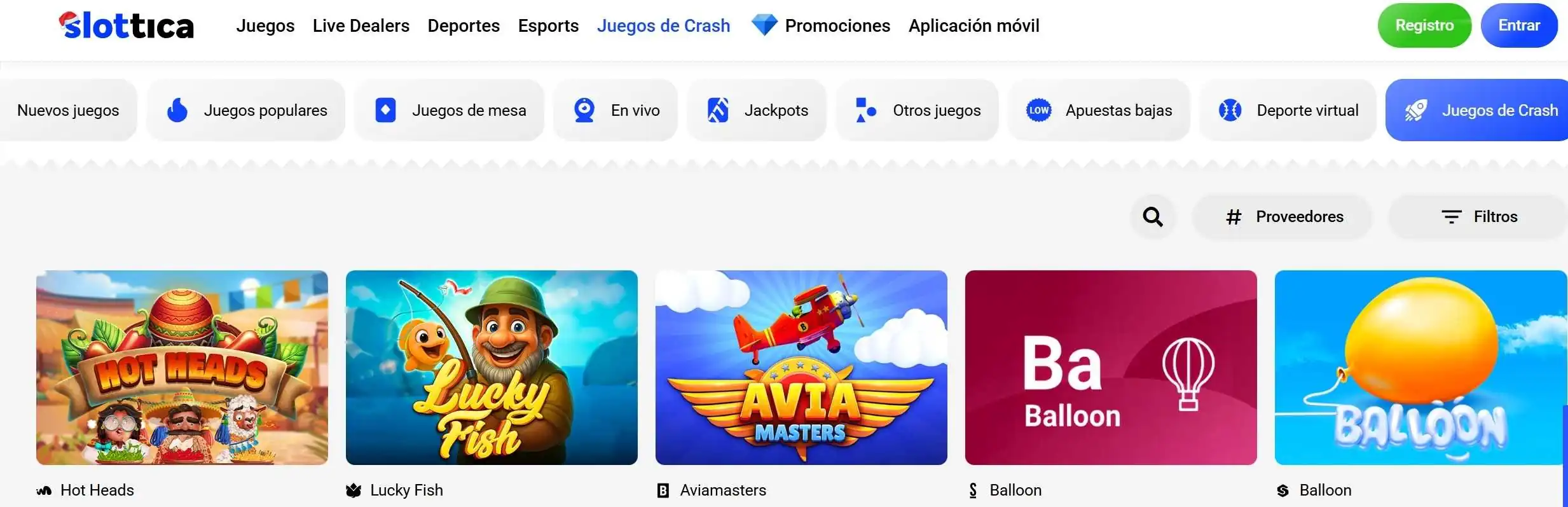 Slottica iniciar sesión - interfaz login juegos de crash Hot Heads Lucky Fish Aviamasters