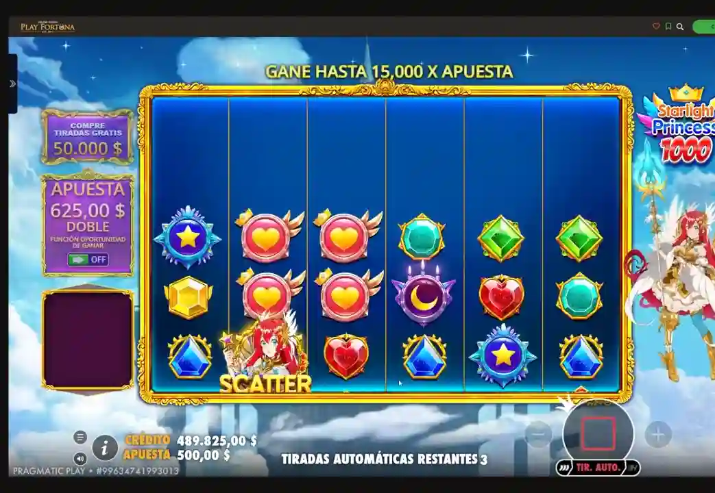 Starlight Princess 1000 slot con la princesa anime y s&iacute;mbolos de gemas brillantes en grid 6x5