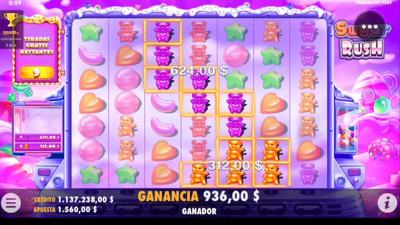 Sugar Rush - Pantalla de Free Spins con múltiples clusters