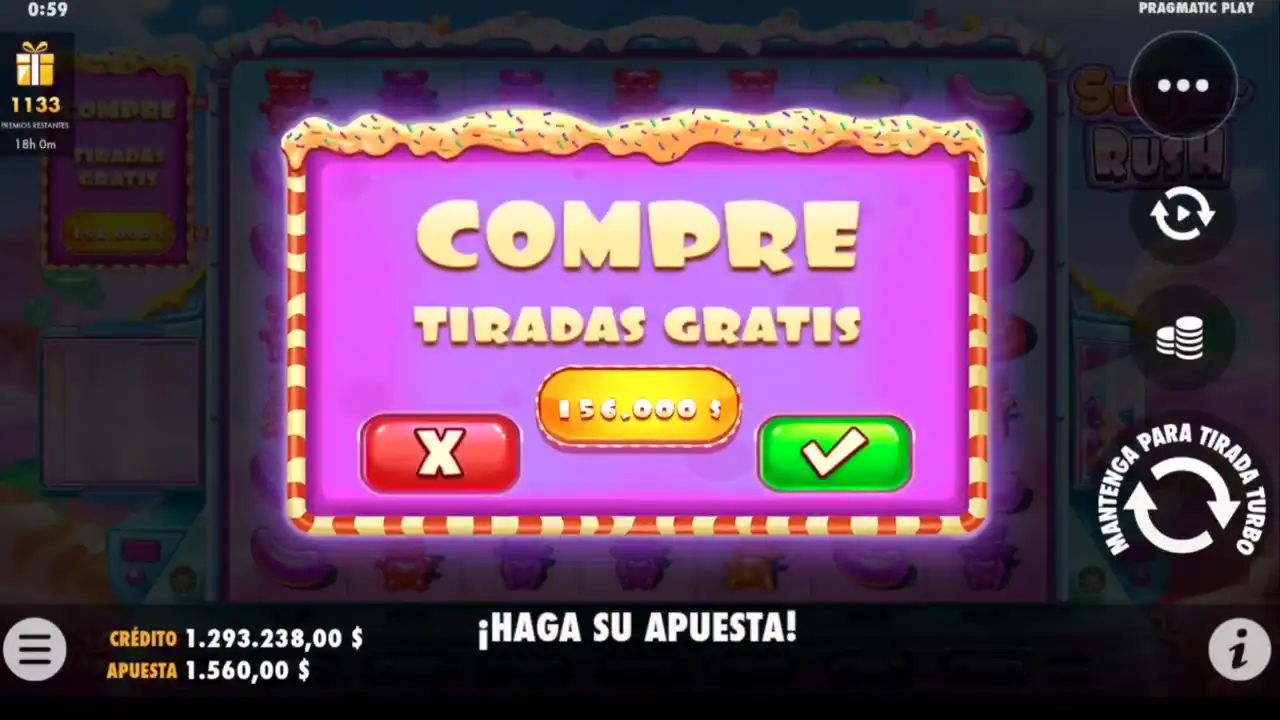 Comprar tiradas gratis en Sugar Rush 1000 por 156.000 créditos