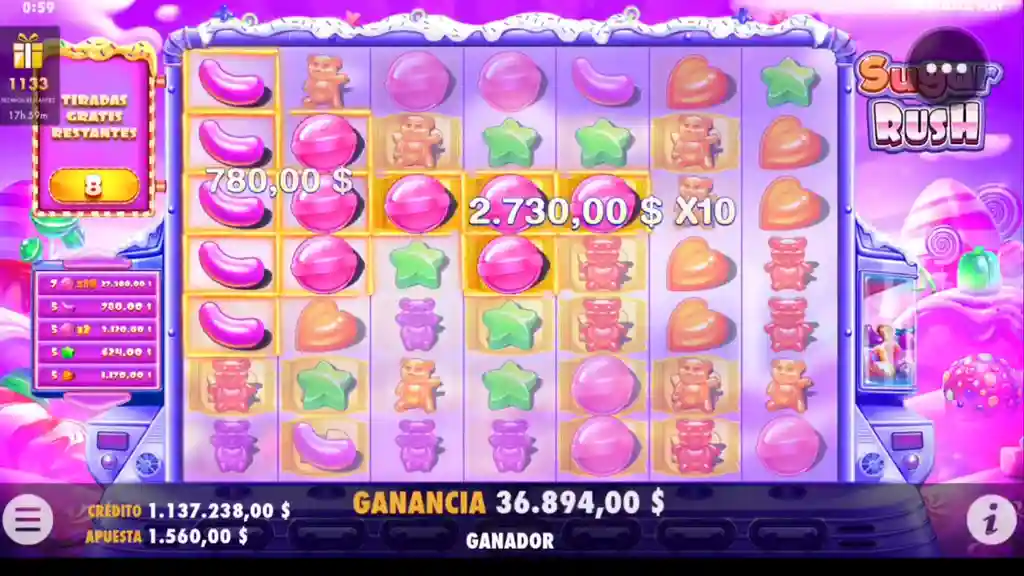 Sugar Rush 1000 demo gratis mostrando ganancia de $36.894 con multiplicador x10